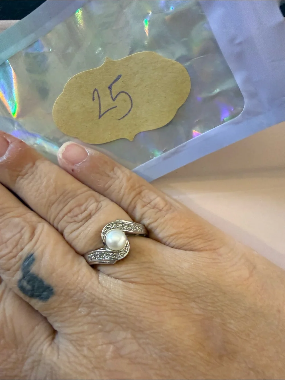 Silver Pearl Twist Ring with Accent Stones - White Pearl- Sterling Silver